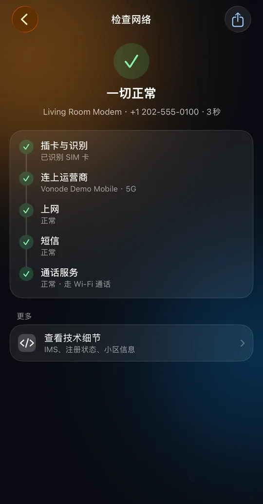 Vonode App 的“检查网络”页面：SIM 卡、运营商网络、移动数据、短信和通话服务均正常（合成数据）