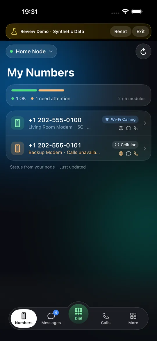 Vonode app home screen after pairing: the node card with its name and status and the numbers with their calling method, and the tab bar (synthetic review data)