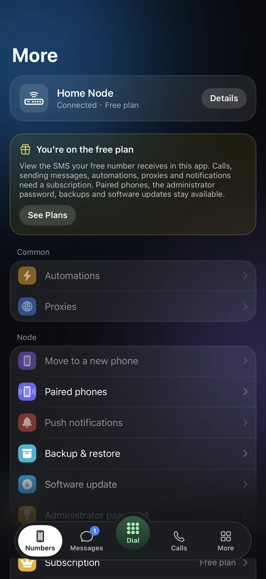 Vonode app More tab on the free plan: the node card, a card explaining that the free plan shows the SMS of your free number and that calls, sending, automations, proxies and notifications need a subscription, with a See Plans button (synthetic test data)