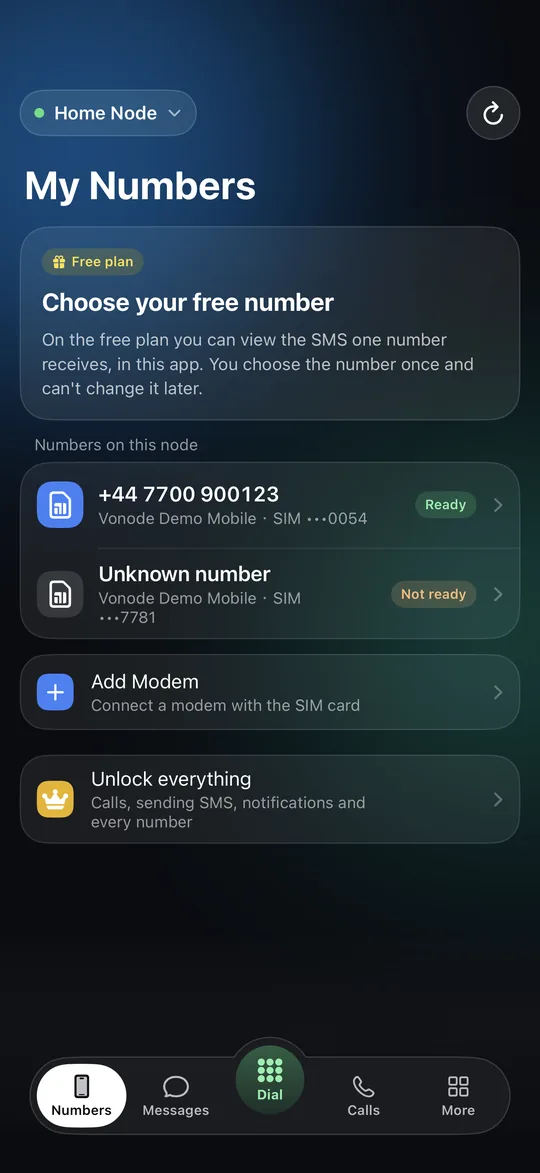 Vonode app Numbers tab on the free plan: a Free plan badge and the card Choose your free number, explaining that the app shows the SMS one number receives and that the choice cannot be changed later, then the numbers on this node, Add Modem and Unlock everything (synthetic test data)