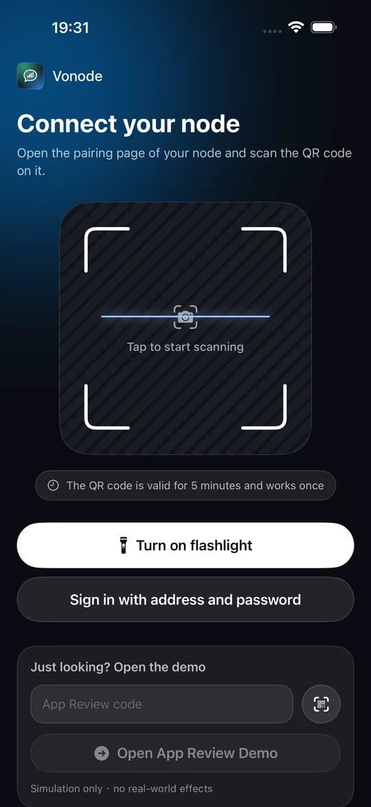 Vonode app onboarding screen Connect your node: the QR scanner, the manual login option and the App Review code field